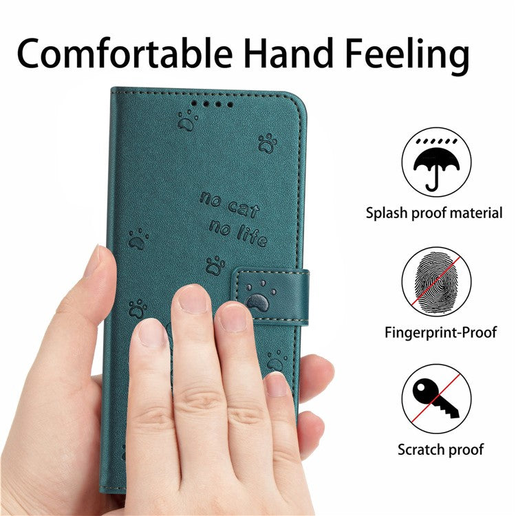 Phone Case For Xiaomi Redmi 14C 4G / 14R 5G / Poco C75 4G with Strap Cats Imprint Leather Wallet Phone Cover - Blackish Green