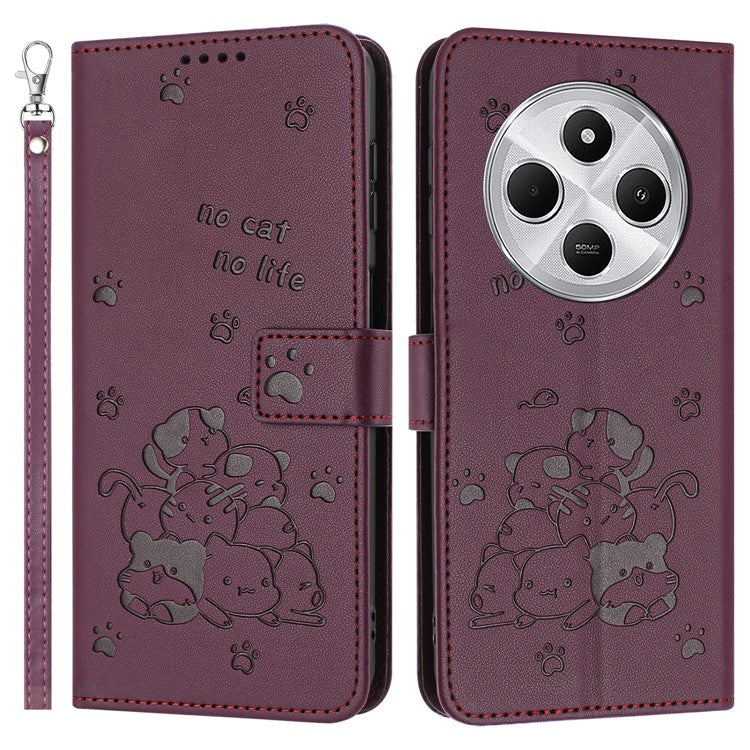 Phone Case For Xiaomi Redmi 14C 4G / 14R 5G / Poco C75 4G with Strap Cats Imprint Leather Wallet Phone Cover - Wine Red