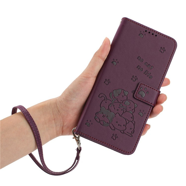 Phone Case For Xiaomi Redmi 14C 4G / 14R 5G / Poco C75 4G with Strap Cats Imprint Leather Wallet Phone Cover - Wine Red