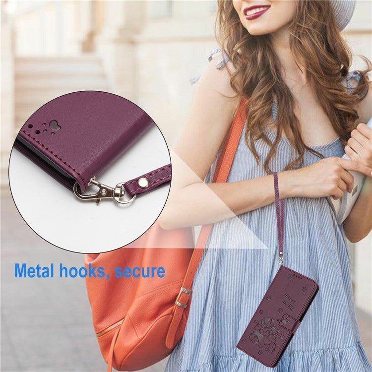 Phone Case For Xiaomi Redmi 14C 4G / 14R 5G / Poco C75 4G with Strap Cats Imprint Leather Wallet Phone Cover - Wine Red