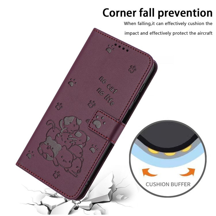 Phone Case For Xiaomi Redmi 14C 4G / 14R 5G / Poco C75 4G with Strap Cats Imprint Leather Wallet Phone Cover - Wine Red