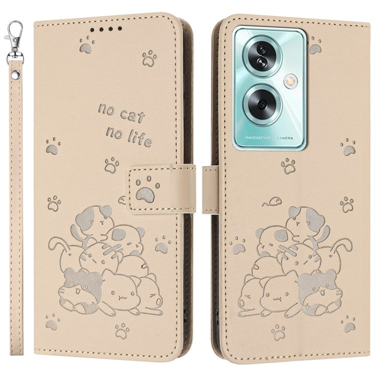 Phone Case For OnePlus Nord N30 SE 5G  /  Oppo A79 5G  /  A2 5G with Strap Cats Imprint Leather Cover - Beige