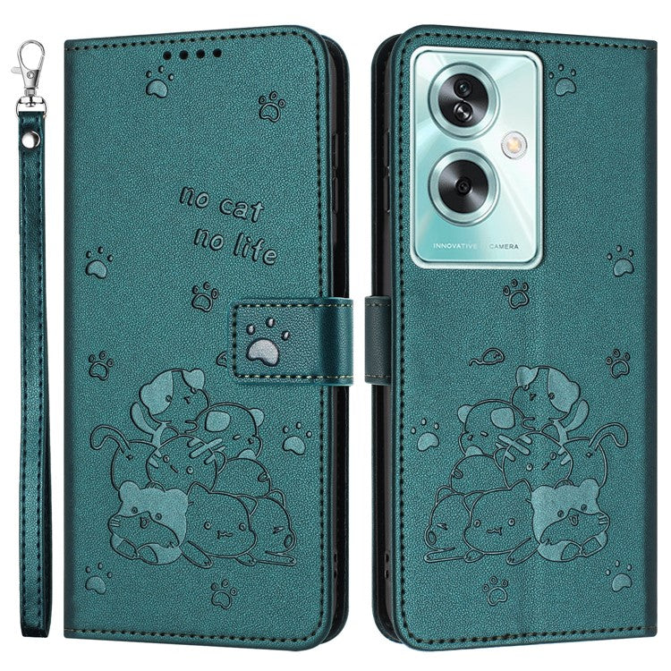 Phone Case For OnePlus Nord N30 SE 5G  /  Oppo A79 5G  /  A2 5G with Strap Cats Imprint Leather Cover - Blackish Green