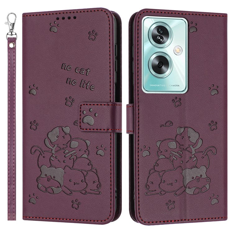 Phone Case For OnePlus Nord N30 SE 5G  /  Oppo A79 5G  /  A2 5G with Strap Cats Imprint Leather Cover - Wine Red