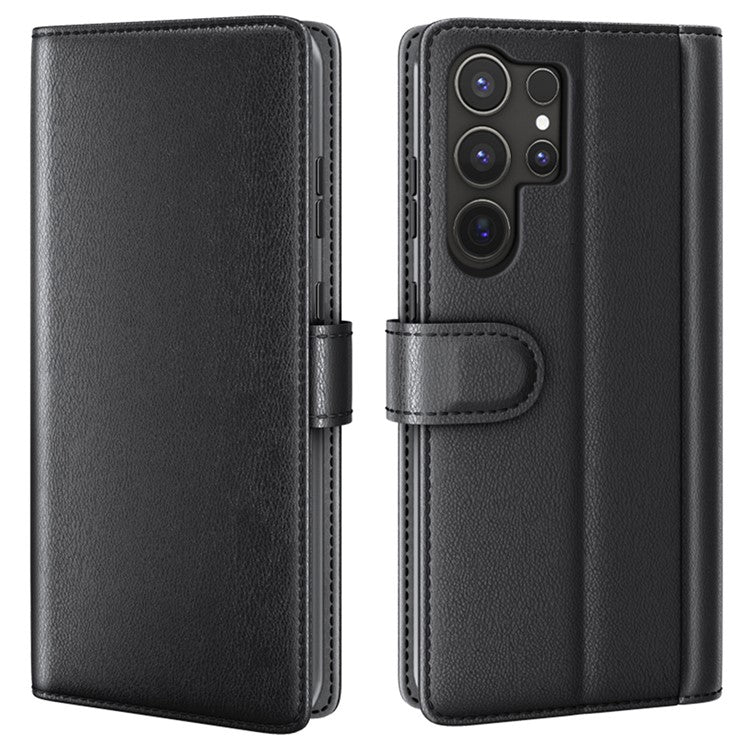 For Samsung Galaxy S25 Ultra Case Genuine Split Leather Phone Cover Wallet Card Slot - Black