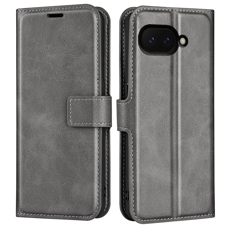 For Google Pixel 9a Stand Case Anti-Scratch Calf Texture Leather Phone Cover - Grey