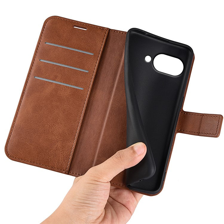 For Google Pixel 9a Stand Case Anti-Scratch Calf Texture Leather Phone Cover - Light Brown