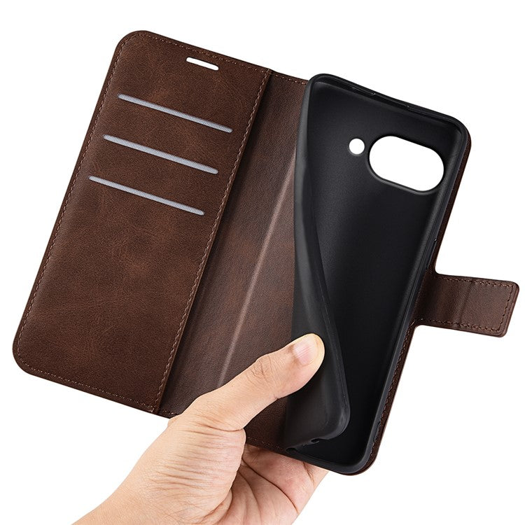 For Google Pixel 9a Stand Case Anti-Scratch Calf Texture Leather Phone Cover - Brown