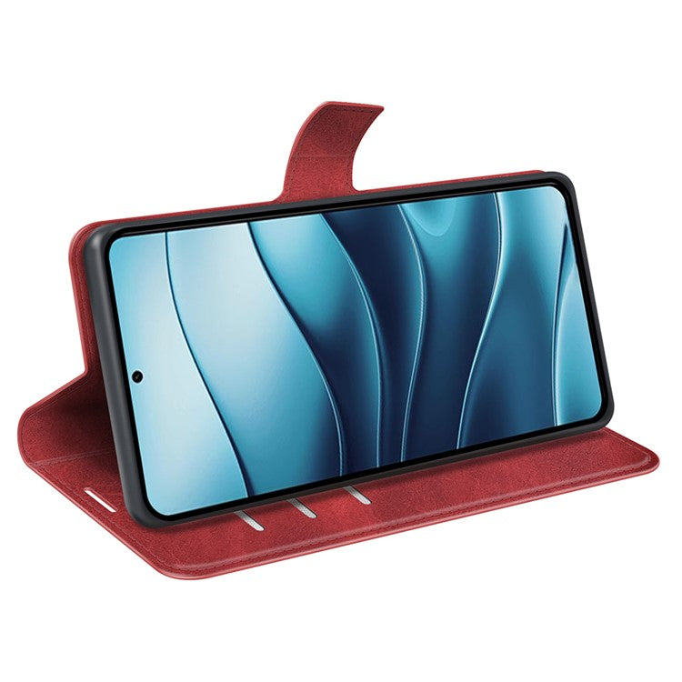 For Xiaomi Redmi Note 14 5G Stand Case Anti-Scratch Calf Texture Leather Phone Cover - Red