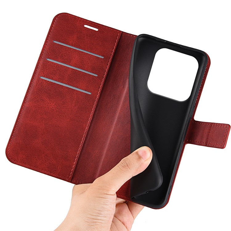 For Xiaomi Redmi Note 14 5G Stand Case Anti-Scratch Calf Texture Leather Phone Cover - Red