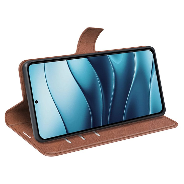 For Xiaomi Redmi Note 14 5G Stand Case Anti-Scratch Calf Texture Leather Phone Cover - Light Brown