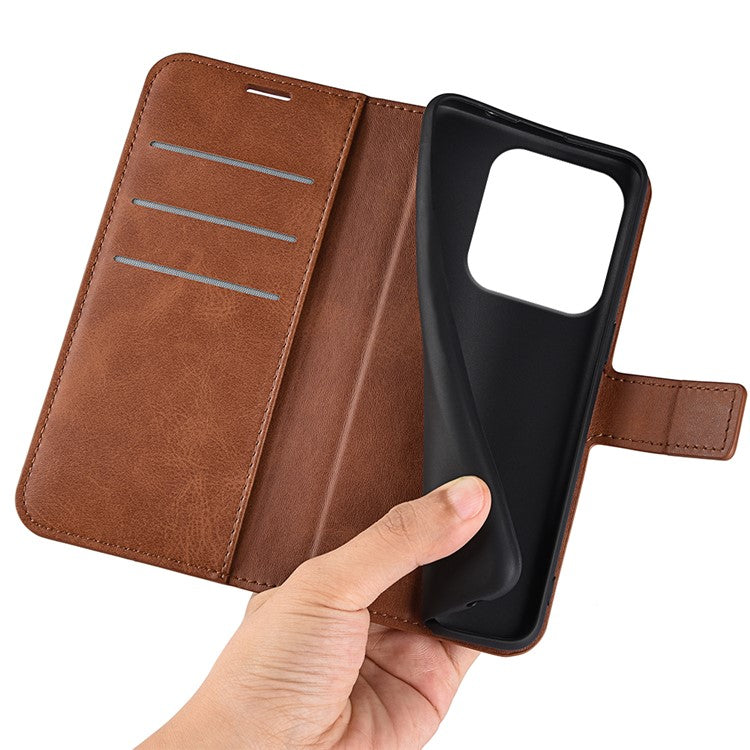 For Xiaomi Redmi Note 14 5G Stand Case Anti-Scratch Calf Texture Leather Phone Cover - Light Brown