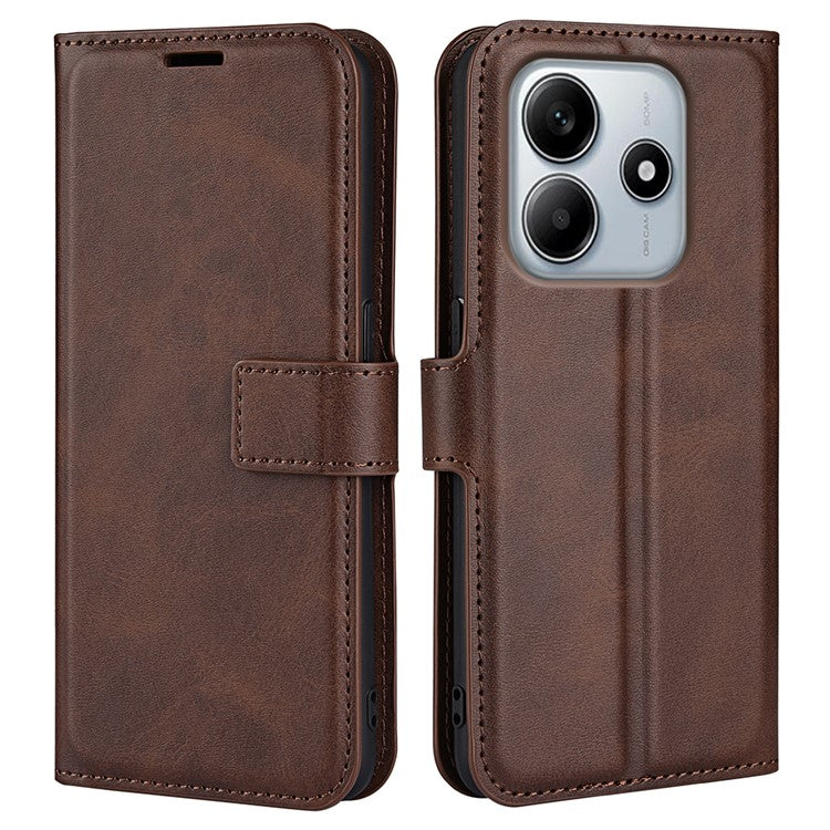 For Xiaomi Redmi Note 14 5G Stand Case Anti-Scratch Calf Texture Leather Phone Cover - Brown