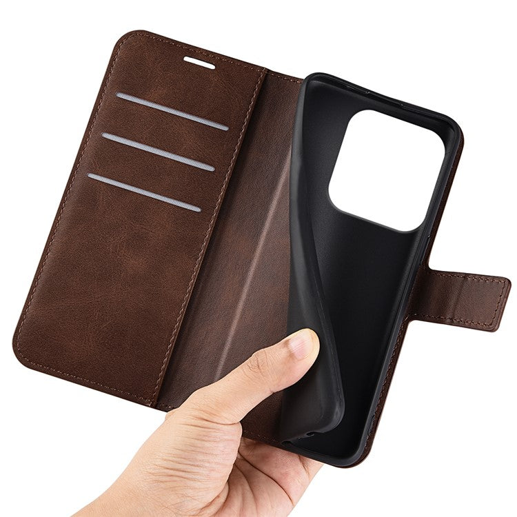 For Xiaomi Redmi Note 14 5G Stand Case Anti-Scratch Calf Texture Leather Phone Cover - Brown