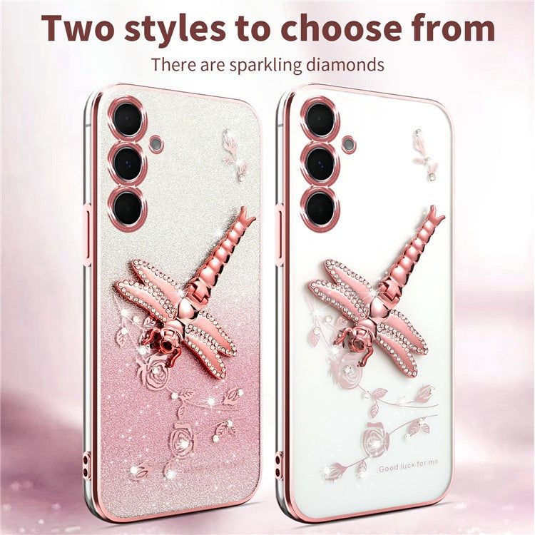 KADEM For Samsung Galaxy A15 5G  /  4G Case Dragonfly Kickstand TPU Flowers Glitter Phone Cover - Pink