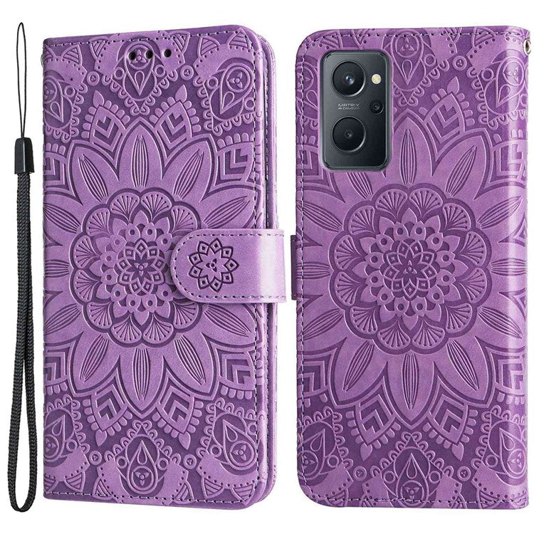 For Realme 9i 4G / Oppo A36 / A76 / A96 4G / K10 4G PU Leather Wallet Case Imprinted Sunflower Stand Magnetic Clasp All-Round Protection Phone Cover with Wrist Strap - Purple