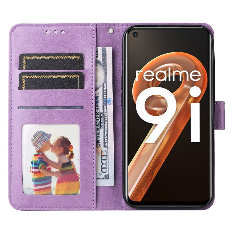 For Realme 9i 4G / Oppo A36 / A76 / A96 4G / K10 4G PU Leather Wallet Case Imprinted Sunflower Stand Magnetic Clasp All-Round Protection Phone Cover with Wrist Strap - Purple