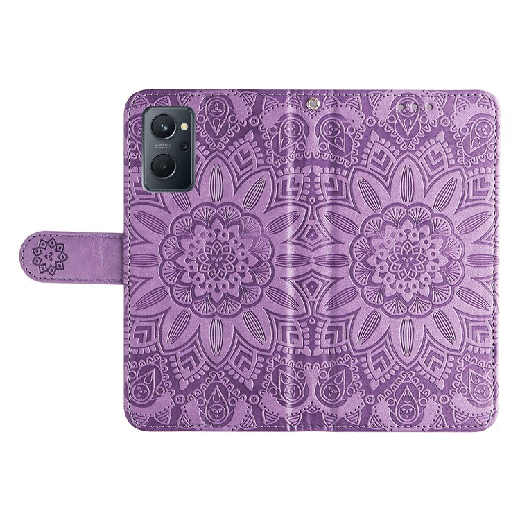 For Realme 9i 4G / Oppo A36 / A76 / A96 4G / K10 4G PU Leather Wallet Case Imprinted Sunflower Stand Magnetic Clasp All-Round Protection Phone Cover with Wrist Strap - Purple