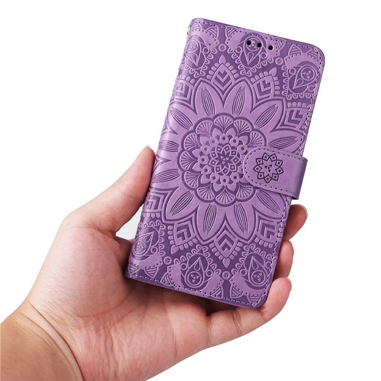 For Realme 9i 4G / Oppo A36 / A76 / A96 4G / K10 4G PU Leather Wallet Case Imprinted Sunflower Stand Magnetic Clasp All-Round Protection Phone Cover with Wrist Strap - Purple