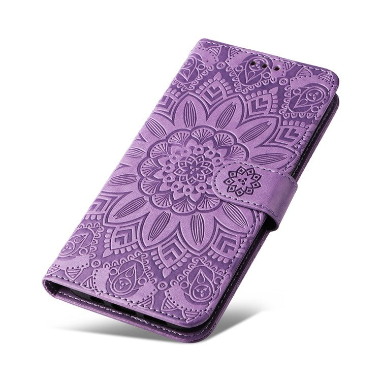 For Realme 9i 4G / Oppo A36 / A76 / A96 4G / K10 4G PU Leather Wallet Case Imprinted Sunflower Stand Magnetic Clasp All-Round Protection Phone Cover with Wrist Strap - Purple