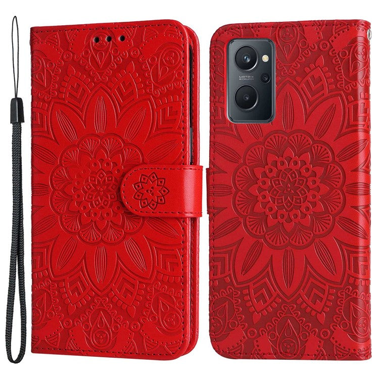 For Realme 9i 4G / Oppo A36 / A76 / A96 4G / K10 4G PU Leather Wallet Case Imprinted Sunflower Stand Magnetic Clasp All-Round Protection Phone Cover with Wrist Strap - Red