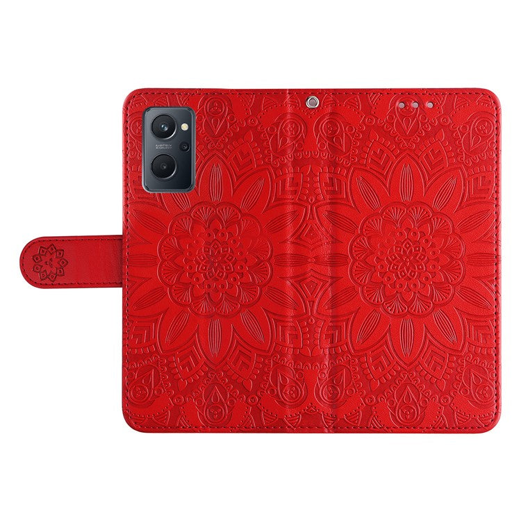 For Realme 9i 4G / Oppo A36 / A76 / A96 4G / K10 4G PU Leather Wallet Case Imprinted Sunflower Stand Magnetic Clasp All-Round Protection Phone Cover with Wrist Strap - Red