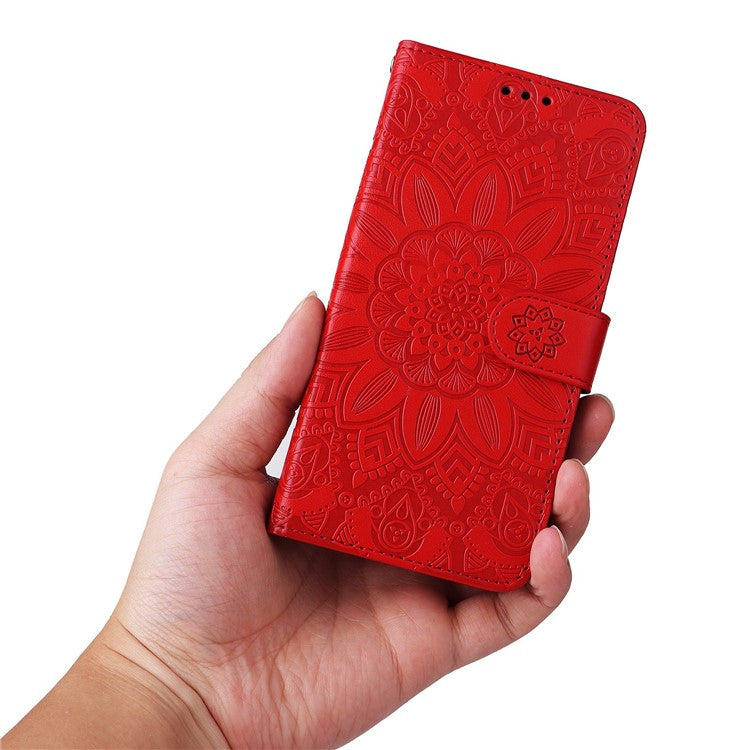 For Realme 9i 4G / Oppo A36 / A76 / A96 4G / K10 4G PU Leather Wallet Case Imprinted Sunflower Stand Magnetic Clasp All-Round Protection Phone Cover with Wrist Strap - Red