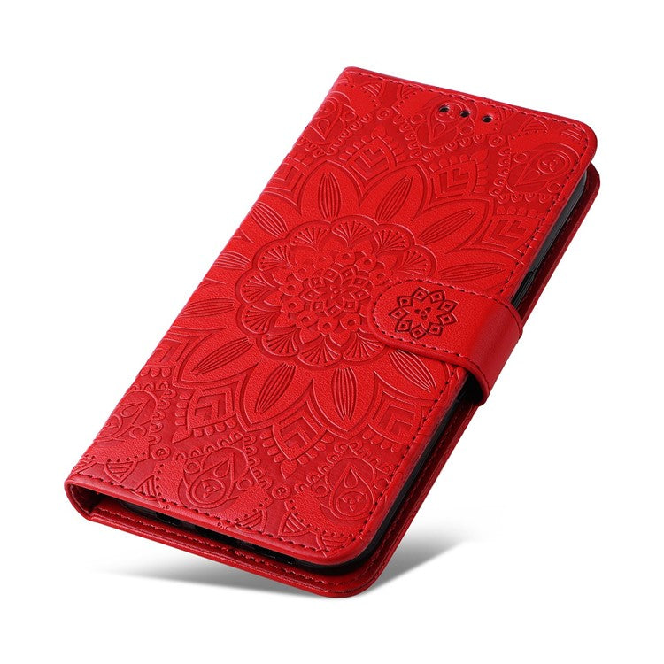 For Realme 9i 4G / Oppo A36 / A76 / A96 4G / K10 4G PU Leather Wallet Case Imprinted Sunflower Stand Magnetic Clasp All-Round Protection Phone Cover with Wrist Strap - Red