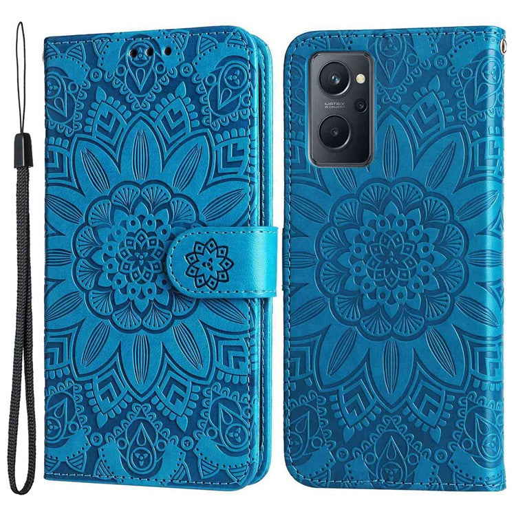 For Realme 9i 4G / Oppo A36 / A76 / A96 4G / K10 4G PU Leather Wallet Case Imprinted Sunflower Stand Magnetic Clasp All-Round Protection Phone Cover with Wrist Strap - Blue