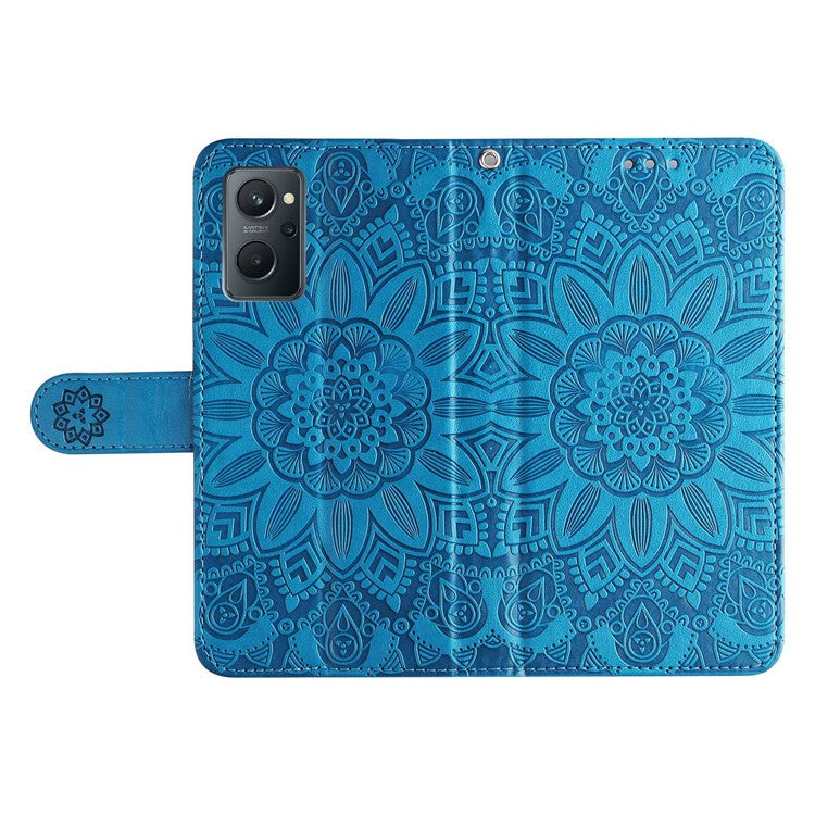 For Realme 9i 4G / Oppo A36 / A76 / A96 4G / K10 4G PU Leather Wallet Case Imprinted Sunflower Stand Magnetic Clasp All-Round Protection Phone Cover with Wrist Strap - Blue