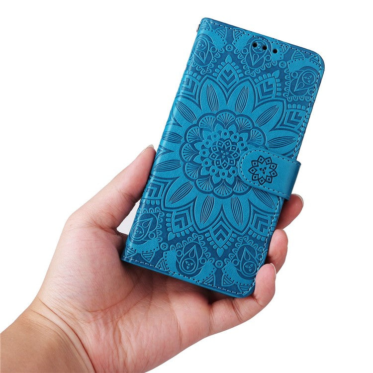 For Realme 9i 4G / Oppo A36 / A76 / A96 4G / K10 4G PU Leather Wallet Case Imprinted Sunflower Stand Magnetic Clasp All-Round Protection Phone Cover with Wrist Strap - Blue