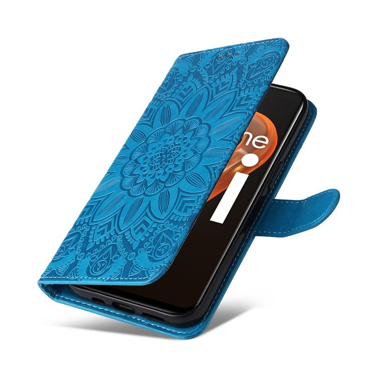 For Realme 9i 4G / Oppo A36 / A76 / A96 4G / K10 4G PU Leather Wallet Case Imprinted Sunflower Stand Magnetic Clasp All-Round Protection Phone Cover with Wrist Strap - Blue