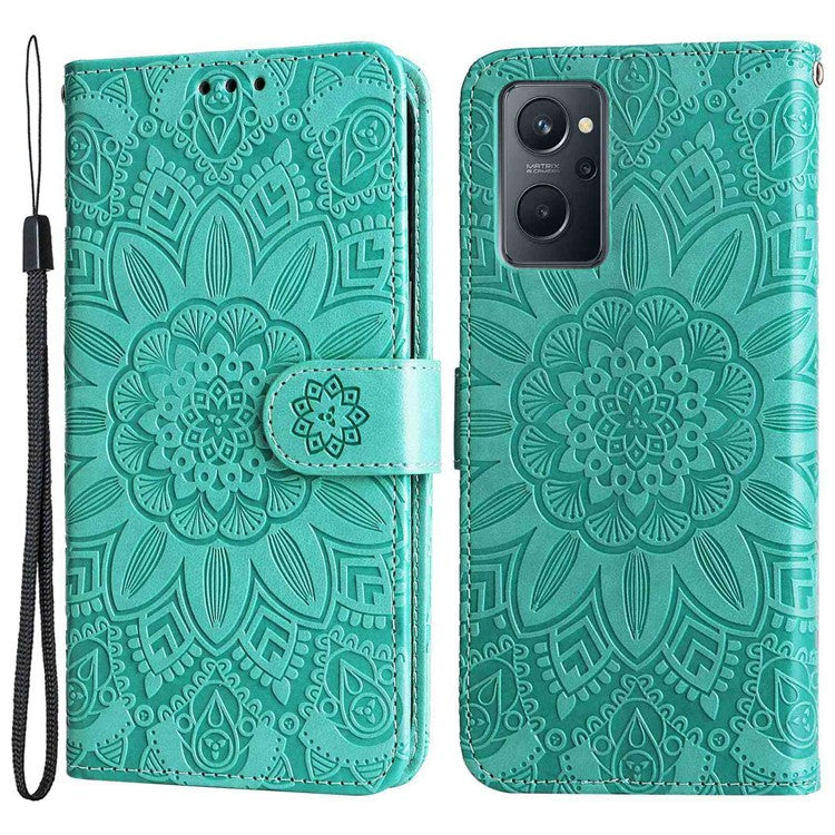 For Realme 9i 4G / Oppo A36 / A76 / A96 4G / K10 4G PU Leather Wallet Case Imprinted Sunflower Stand Magnetic Clasp All-Round Protection Phone Cover with Wrist Strap - Green