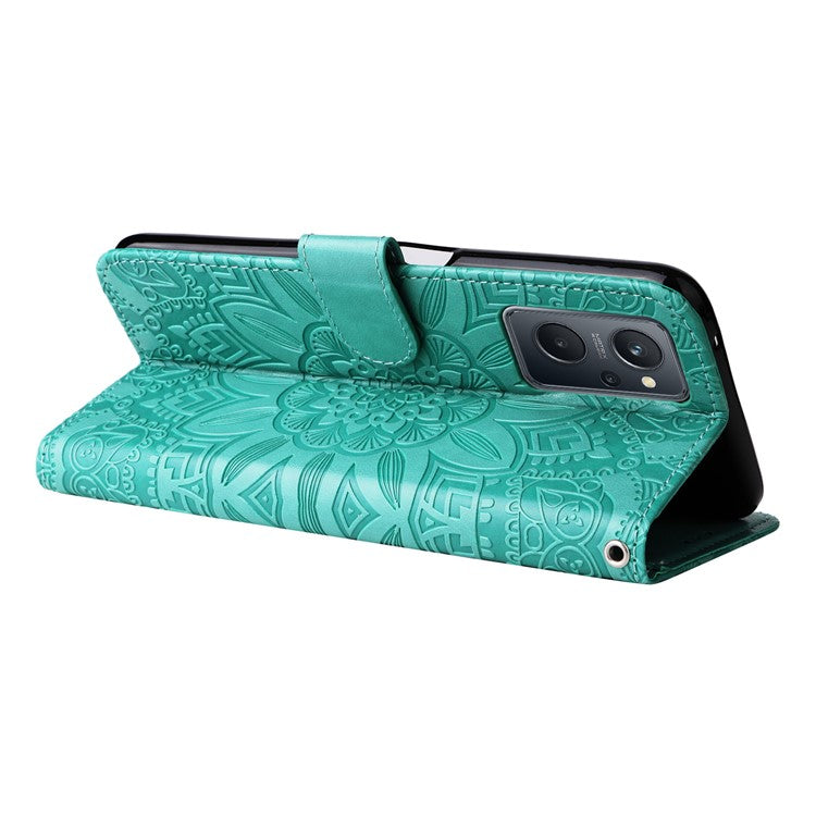 For Realme 9i 4G / Oppo A36 / A76 / A96 4G / K10 4G PU Leather Wallet Case Imprinted Sunflower Stand Magnetic Clasp All-Round Protection Phone Cover with Wrist Strap - Green