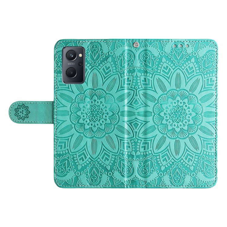 For Realme 9i 4G / Oppo A36 / A76 / A96 4G / K10 4G PU Leather Wallet Case Imprinted Sunflower Stand Magnetic Clasp All-Round Protection Phone Cover with Wrist Strap - Green