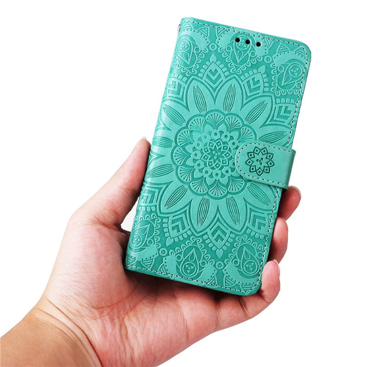 For Realme 9i 4G / Oppo A36 / A76 / A96 4G / K10 4G PU Leather Wallet Case Imprinted Sunflower Stand Magnetic Clasp All-Round Protection Phone Cover with Wrist Strap - Green