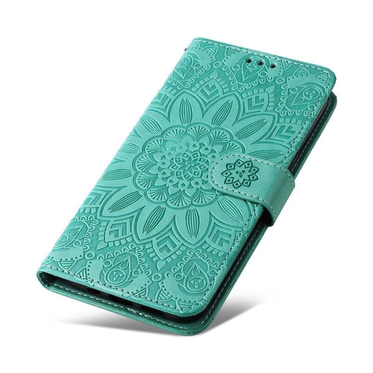 For Realme 9i 4G / Oppo A36 / A76 / A96 4G / K10 4G PU Leather Wallet Case Imprinted Sunflower Stand Magnetic Clasp All-Round Protection Phone Cover with Wrist Strap - Green