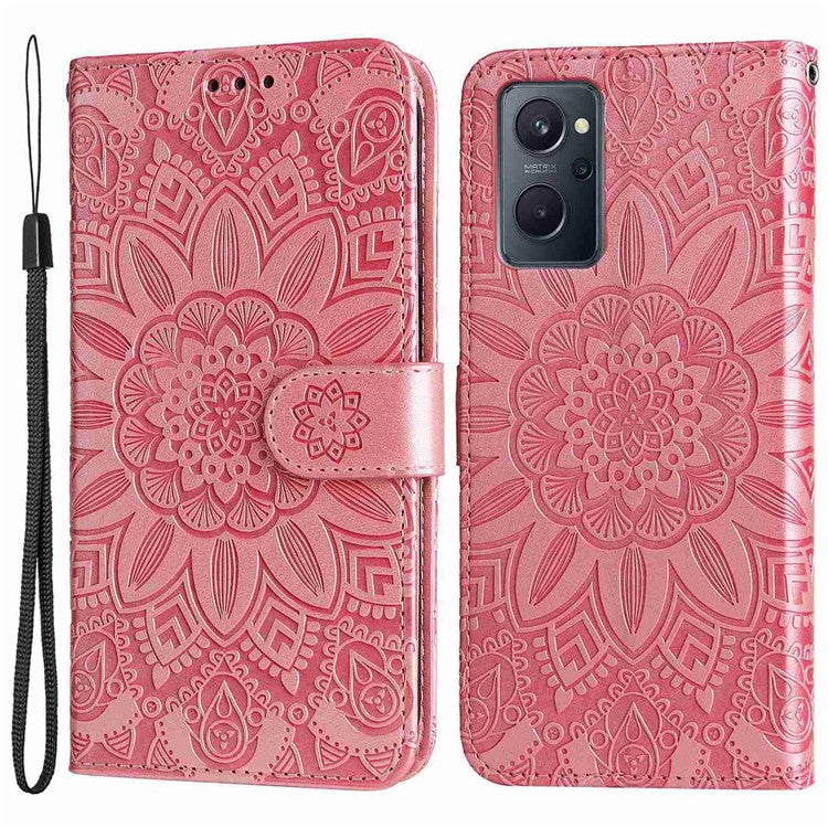 For Realme 9i 4G / Oppo A36 / A76 / A96 4G / K10 4G PU Leather Wallet Case Imprinted Sunflower Stand Magnetic Clasp All-Round Protection Phone Cover with Wrist Strap - Pink