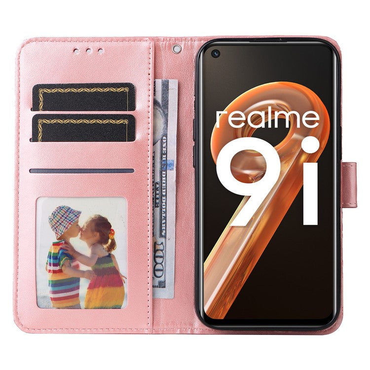 For Realme 9i 4G / Oppo A36 / A76 / A96 4G / K10 4G PU Leather Wallet Case Imprinted Sunflower Stand Magnetic Clasp All-Round Protection Phone Cover with Wrist Strap - Pink