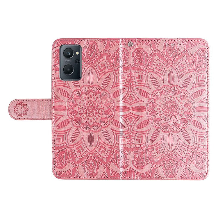 For Realme 9i 4G / Oppo A36 / A76 / A96 4G / K10 4G PU Leather Wallet Case Imprinted Sunflower Stand Magnetic Clasp All-Round Protection Phone Cover with Wrist Strap - Pink