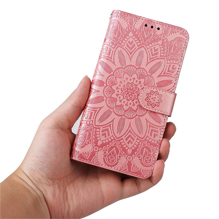 For Realme 9i 4G / Oppo A36 / A76 / A96 4G / K10 4G PU Leather Wallet Case Imprinted Sunflower Stand Magnetic Clasp All-Round Protection Phone Cover with Wrist Strap - Pink