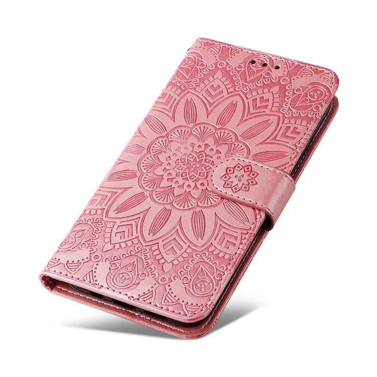 For Realme 9i 4G / Oppo A36 / A76 / A96 4G / K10 4G PU Leather Wallet Case Imprinted Sunflower Stand Magnetic Clasp All-Round Protection Phone Cover with Wrist Strap - Pink