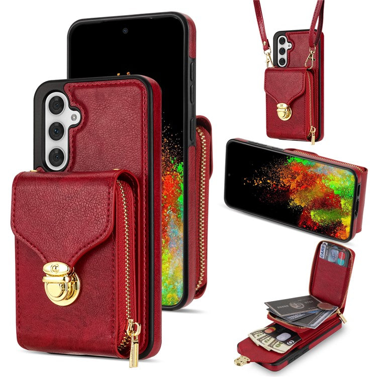 For Samsung Galaxy S24 FE Case Zipper Wallet Leather+TPU Phone Cover with Strap - Red