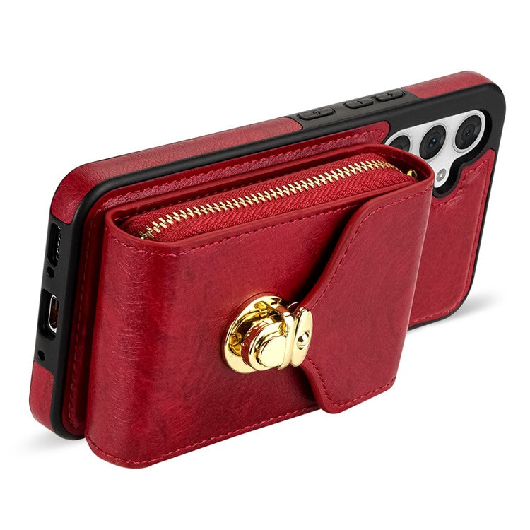 For Samsung Galaxy S24 FE Case Zipper Wallet Leather+TPU Phone Cover with Strap - Red