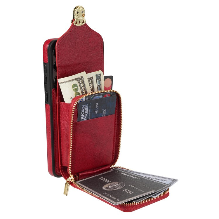 For Samsung Galaxy S24 FE Case Zipper Wallet Leather+TPU Phone Cover with Strap - Red