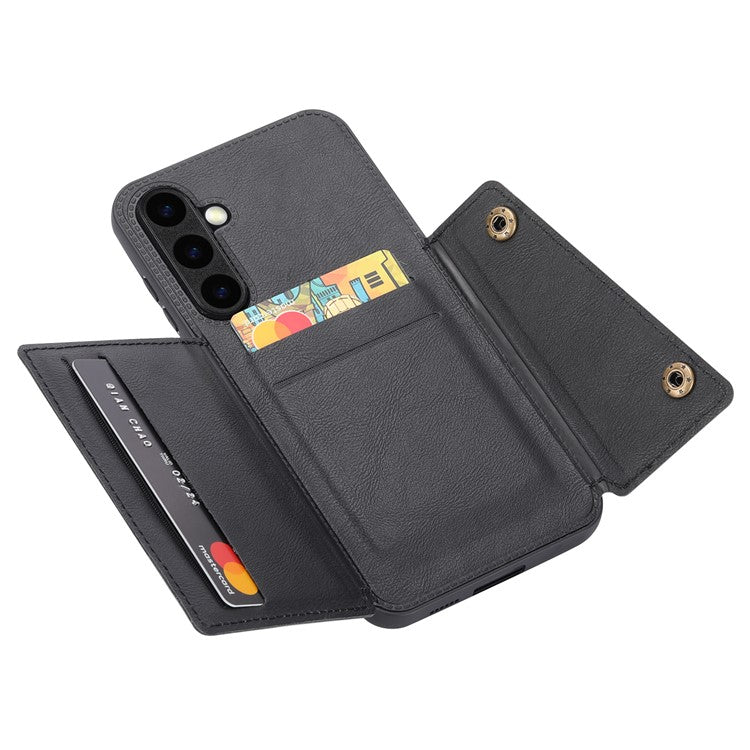 For Samsung Galaxy S25+ Case Card Slots Kickstand Leather + TPU Phone Cover - Black