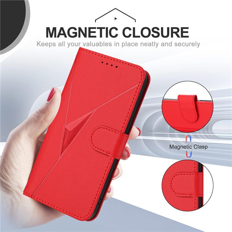 YX0090 For Xiaomi Poco C75 4G / Redmi 14R 5G / 14C 4G Case Triangle Imprint Leather Phone Cover with Lanyard - Red