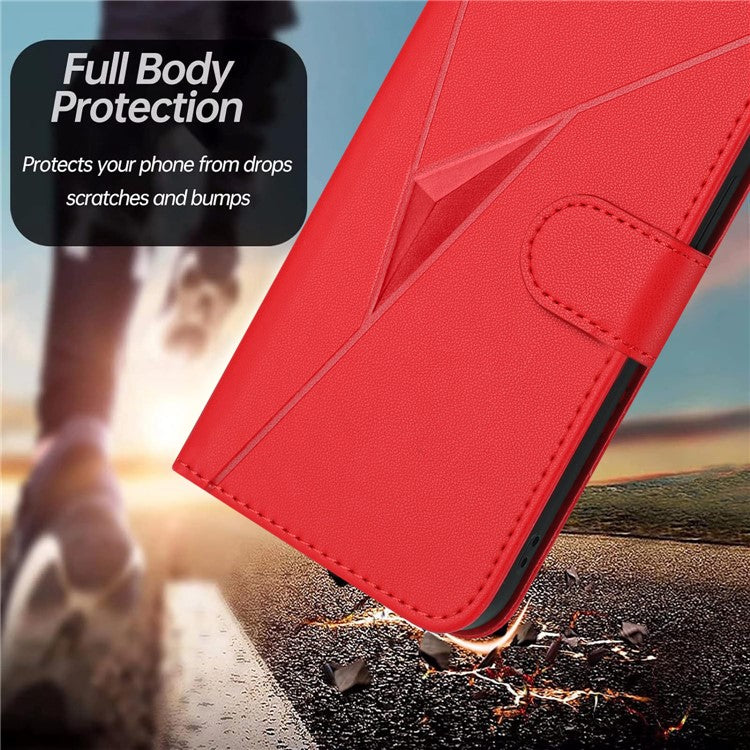 YX0090 For Xiaomi Poco C75 4G / Redmi 14R 5G / 14C 4G Case Triangle Imprint Leather Phone Cover with Lanyard - Red