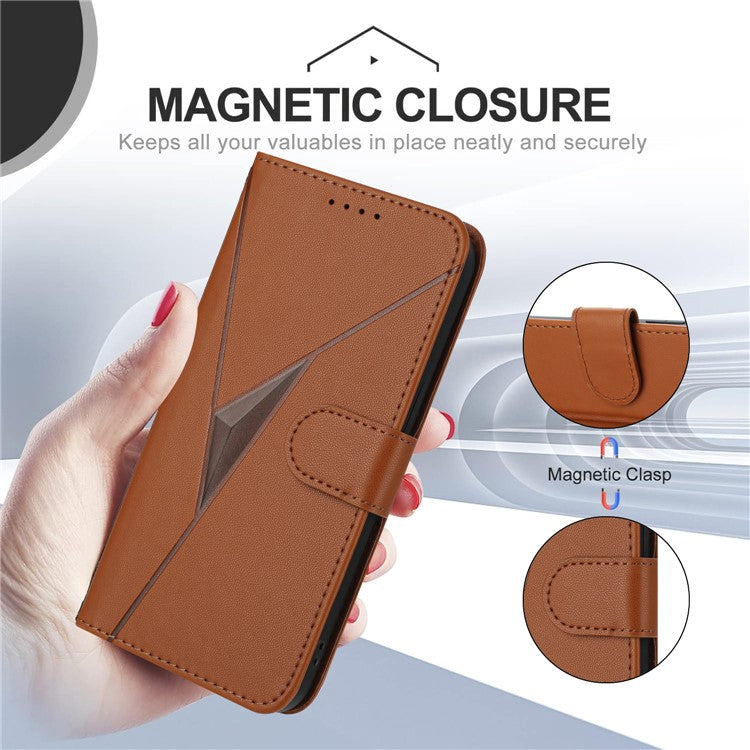 YX0090 For Xiaomi Poco C75 4G / Redmi 14R 5G / 14C 4G Case Triangle Imprint Leather Phone Cover with Lanyard - Coffee