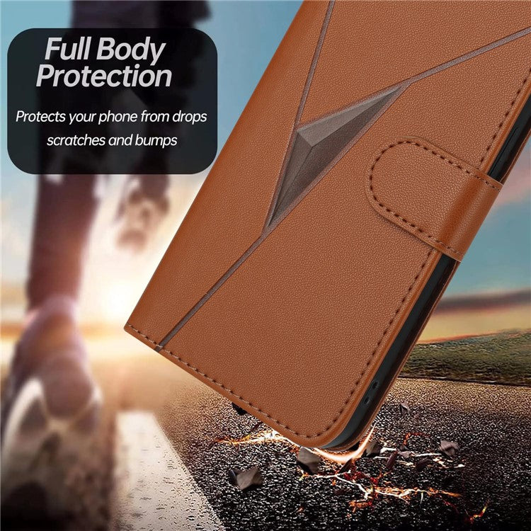 YX0090 For Xiaomi Poco C75 4G / Redmi 14R 5G / 14C 4G Case Triangle Imprint Leather Phone Cover with Lanyard - Coffee